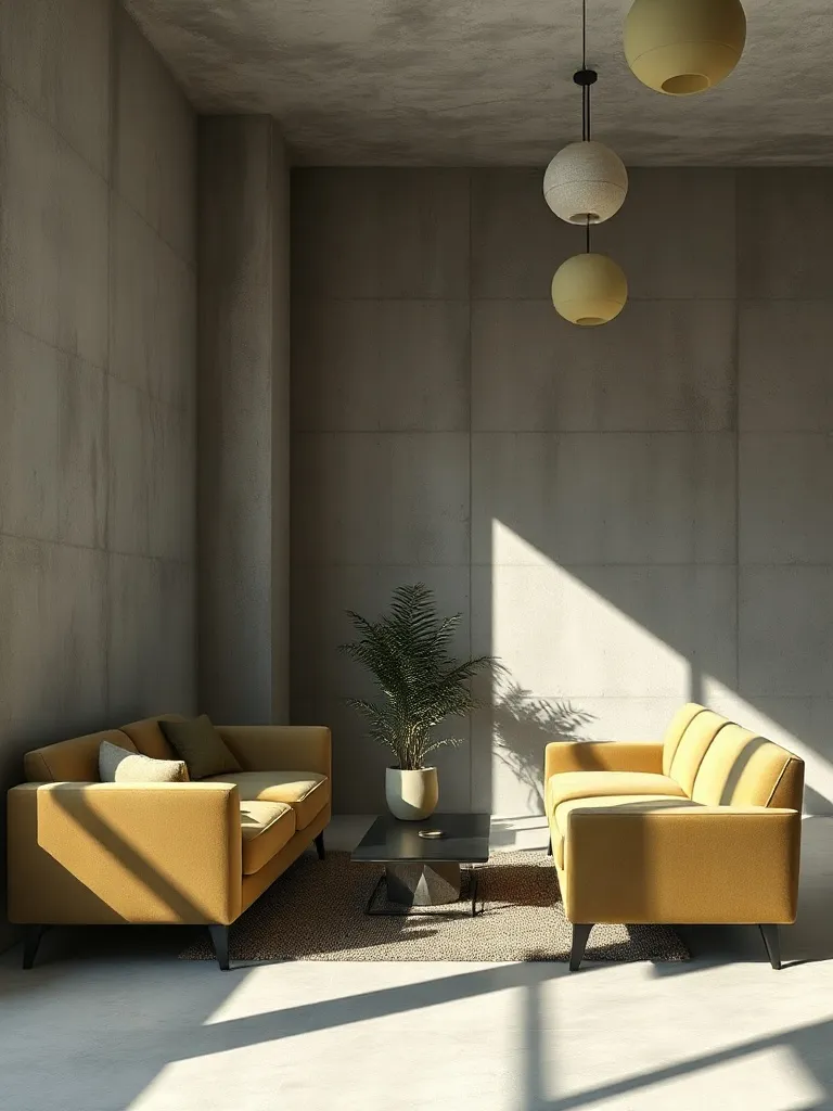 Minimalist interior design, brutalist concrete walls, olive