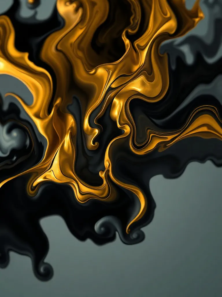 Abstract fluid dynamics, swirling black and gold ink in wate